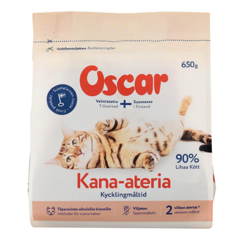 Oscar Kana-ateria kissoille 650 g kotimainen kuivaruoka kissoille
